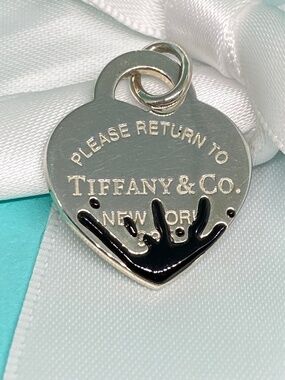 Tiffany & Co Return to Tiffany Black Enamel Heart Tag Charm Sterling Silver 925